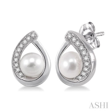 6x6 MM Round Shape Cultured Pearls and 1/10 Ctw Round Cut Diamond Earrings in 14K White Gold